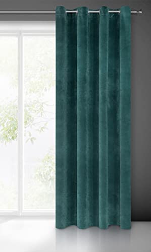 Eurofirany Villa Gordijn fluweel zacht 10 ogen - 1 st. edel gordijn dik 290 g/m2 elegant glad effen pluizig modern klassiek woonkamer slaapkamer lounge, donker turquoise, jade, 140 x 250 cm
