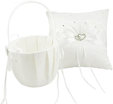 Wedding Flower Girl Basket and Ring Pillow Set with Double Heart Rhinestone for Wedding Ceremony Party (Flower basket/Ring Pillow - Ivory)