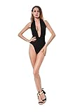 Solatin Women Sexy Deep V-Neck Backless High Waist One-Piece Bikini Swimsuit Monokini Black S