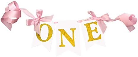 Pink Glitter Gold ONE Banner Baby Highchair Bunting Banner First Birthday Party Decoration For Girl/Boy (Pink)