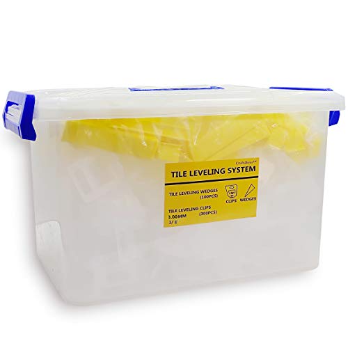 Tile Leveling System DIY Tiles Leveler Spacers 1/8 Inch - 300-Piece Leveling Spacer Clips Plus 100-Piece Reusable Wedges With Portable Box (1/8inch, 300CLIP+100WEDGE)