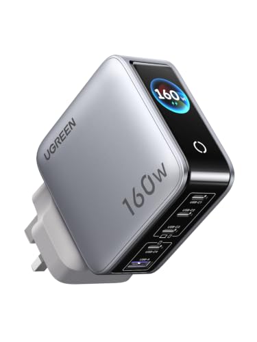 UGREEN Nexode Pro 160W Type C Fast Charger, Smart Display USB C GaN Charge Adapter 5-Port Laptop Charging Compatible for iphone 17 Pro Max, Galaxy S26/25 Ultra, iPad, MacBook, Honor, Lenovo, Dell, HP
