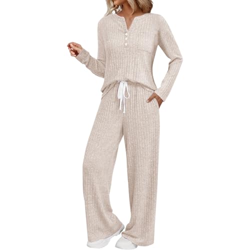 IUYTYSER Womens Pyjamas Set Nightwear Ladies Ribbed 2 Piece Outfits Loungewear Sets Leisure Suits Homewear V Neck Button Collar Long Sleeve Jumpers Wide Leg Trousers with Pockets Beige M