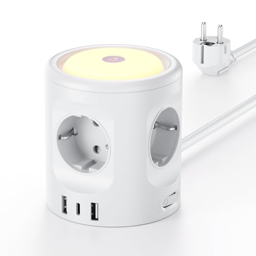7-in-1 Socket Cube with 3 USB, 3680 W Multiple Socket with Switch, 4-Way Power Strip with Light, Multiple Plug, Surge Protection, USB Plug, Cube Extension Cable, 2 m for Office, White