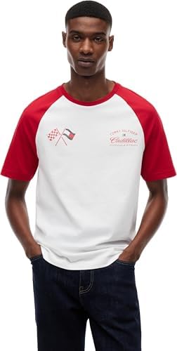 Unisexe T-Shirt Manches Courtes TH X Cadillac F1 Varsity Raglan Coton, Multicolore (White/Red), M