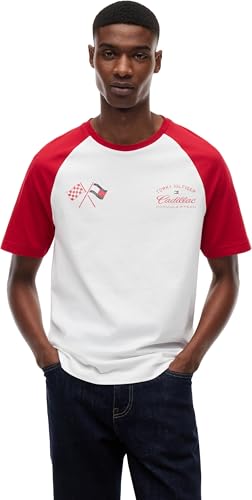 Unisexe T-Shirt Manches Courtes TH X Cadillac F1 Varsity Raglan Coton, Multicolore (White/Red), M