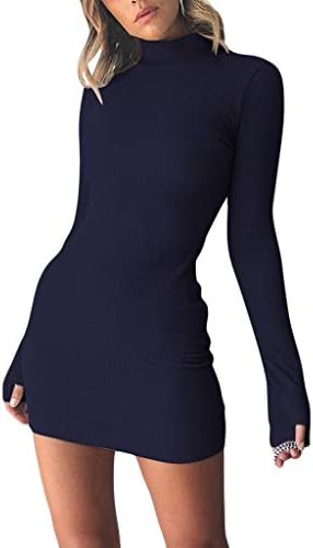 kaifongfu Long Sleeved Womens Solid Color Loose T-Shirt Dress with Turtleneck