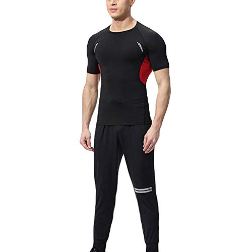 iYBUIA Men's Sports Elastic Fitness T-Shirt Suit Fast Drying Tops Long Pants Tight Suit Red