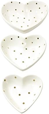 SET OF 3 HEART SHAPED POLKA DOT SILVER WHITE CERAMIC DISHES 4.5 X 15 X 14.7CM