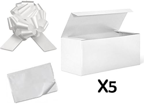 Set of 5 White Gift Boxes (9x4.5x4.5") + 5 Pull Bows + 5 Tissue Paper. Perfect for Wrapping shower, wedding, birthday presents (White)