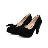 AmoonyFashion Girls Closed Round Toe High Heel Chunky Heels Platform PU Frosted Solid Pumps with Bowknot