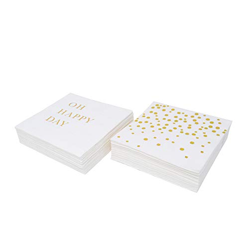Sunshine Supply Gold Cocktail Napkins - 3-Ply Paper Party Napkins for Wedding Reception, Baby Shower, Bridal Shower, 5 Inch Gold Napkins (Oh Happy Day and Confetti Dots Set)