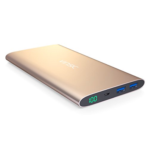 Vinsic Power Bank, 12000mAh Ultra Slim Power Bank, Dual SMART USB Port 5V/2.4A External Mobile Battery Charger Pack for iPhone 7 6 Plus/6S/6/5S/5/4, iPad, Samsung Galaxy, Cell Phones, Tablets, Golden.
