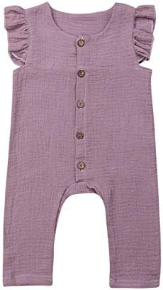 Newborn Baby Girl Summer Cotton Linen Jumpsuit Ruffle Romper Button up Bodysuit Outfits