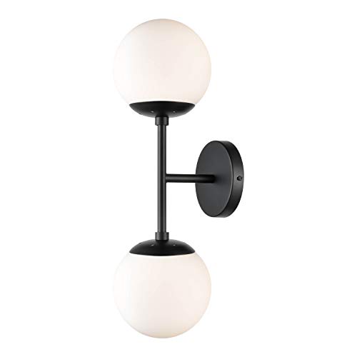 Light Society LS-W268-BK-WH Zeno Black and White Glass 2-Light Globe Wall Sconce, Mid Century Modern Retro Vintage Style
