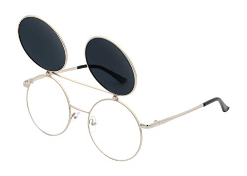J&L Glasses Retro Flip-Up Round Goggles Seampunk Sunglasses (Silver,Black, Clear)