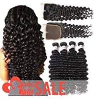 4 Bundles Brazilian Deep Wave Human Hair With Closure Unprocessed Virgin Hair Extesion Deep Curly Remy Hair With Lace Closure Middle Part Natural Color (22 24 26 28+18 Lace Closure)