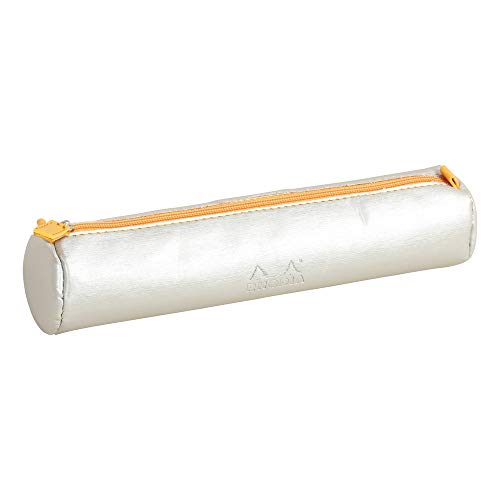 RHODIA 318891C - Rhodiarama Silver Round Pencil Case - 21.5 x 5.5 cm - Genuine Orange Stitching - Ivory Jersey Interior - Faux Leather - Storage for Pens, Pencils, Markers, Small Supplies