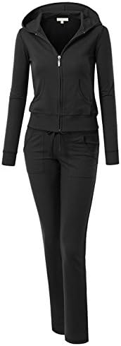WOMEN'S FRENCH TERRY ACTIVEWEAR SET W/ ZIP UP HOODIE JACKET &amp; PANTS (Large, Black)