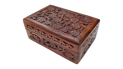 Ajuny Hand Carved Wooden Decorative Jewelry Storage Box Tree of Life Design Multipurpose Use As Watch Box, Treasure Chest Box Great for Gift 6x4 Inch