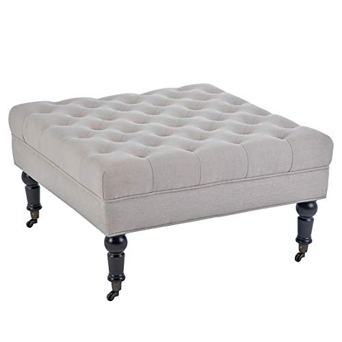 Simhoo Large Square Tufted Lined Ottoman Coffee Table with Casters,Beige Upholstery Button Footstool Cocktail with Wheels for Living Room