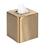 mDesign Modern Square Metal Paper Facial Tissue Box Cover Holder for Bathroom Vanity Countertops, Bedroom Dressers, Night Stands, Desks and Tables - Soft Brass