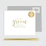 To My Groom on Our Wedding Day Card for Husband, Handmade White Card Stamped with Gold Foil - Calligraphy Design with Gray Envelope