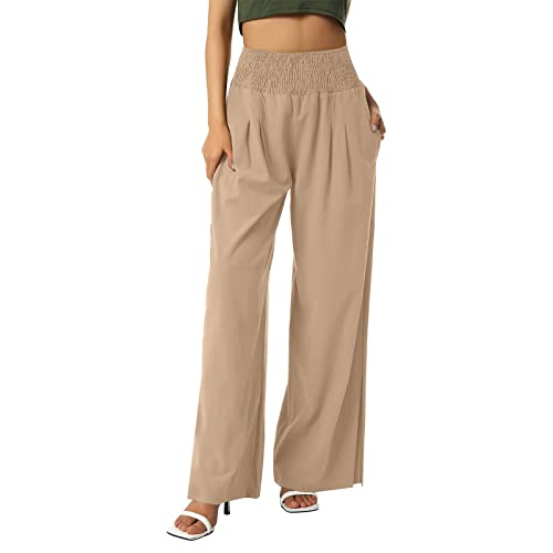 KICILVS Wide Leg Linen Pants for Women High Waisted Palazzo Pant Flowy Summer Beach Pants with Pockets Loose Fit Trousers Beige
