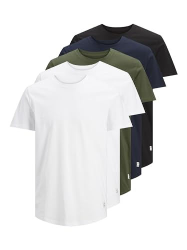 Jjenoa Tee SS Crew Neck 5 PK MP T-Shirt, Blanc/détails : 2 Blanc-1 Noir-1 Bleu Marine-1 forêt, M Homme