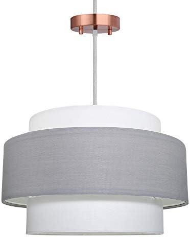 Alucset Pendant Lights for Bedroom Living Room Dining Room, Modern Style, 1.8m Adjustable Cord Length Chandelier for Kitchen with Linen Fabric Lamp Shade (Brass Ceiling, Grey and White Lampshade)