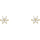 14K Yellow Gold White Flower CZ Stud Earrings with Screw-back