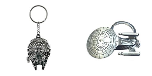 (2-Pack) Star Wars Millenium Falcon and Star Trek Enterprise Keychain Keyring with Giftbox