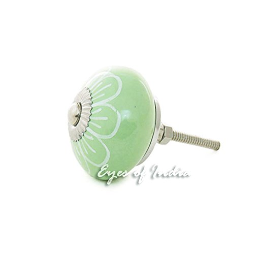 Eyes of India - Set of 2 Green White Ceramic Cupboard Door Dresser Cabinet Knobs Pulls Decorative Shabby Chic Colorful Boho Bohemian Accent Handmade