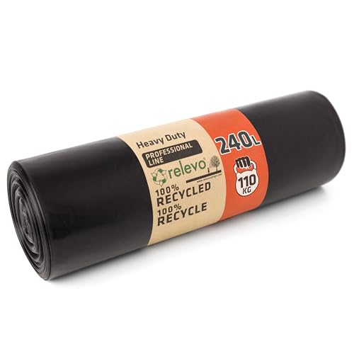 Relevo 240L Wheelie Bin Liners – 55 µm (Micron) Thick, Heavy Duty Garden Waste Bags, Reusable and Strong Black Bin Bags