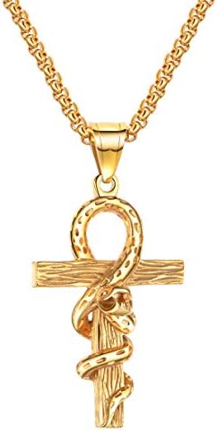 Snake Wrapped Stainless Steel Coptic Ankh Cross Religious Pendant Necklace 21.65"