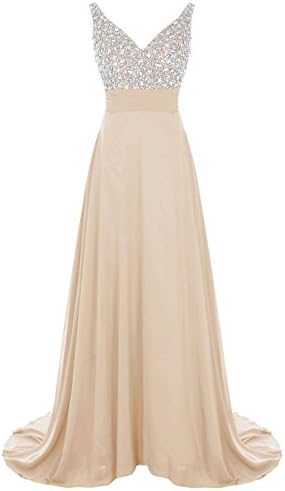 ALAGIRLS Long V Neck Prom Dress Beaded Chiffon Evening Party Gowns