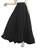 V28?Women Full/ankle Length Elastic Pleated Retro Maxi Chiffon Long Skirt (Waist fits L, Black)