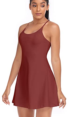 Women's Tennis Dress, Athletic Workout Sports Golf Dresses with Built-in Bra & Shorts Exercise Dresses for Women Coffee