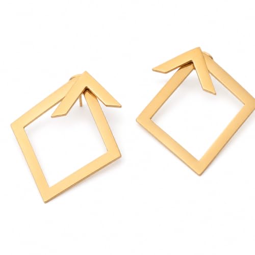 Gold Geometric Square Drop Earrings, Open Frame Statement Studs for Women at Amazon