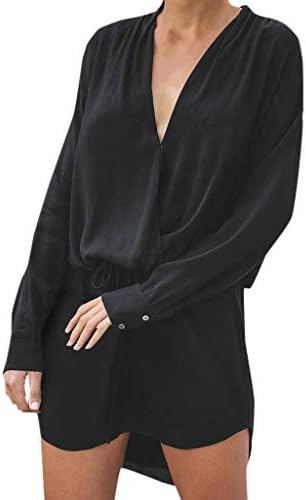 PASATO Women Solid V Neck Drawstring Long Sleeve Evening Party Lace Up Short Mini Dress Sundress