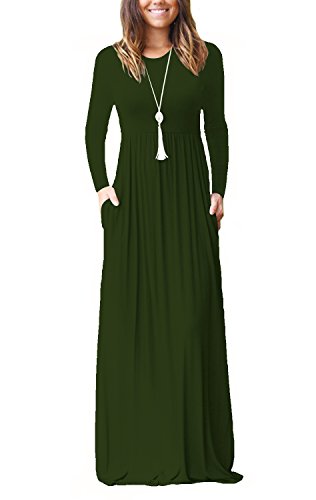 FAVALIVE Women\'s Casual Long Sleeve Maxi Dress Fall Long Dresses with Pockets Dark Green XXL