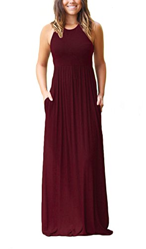 Women's Sleeveless Racerback Loose Plain Maxi Dresses Casual Long Pockets Dress Wine Red L