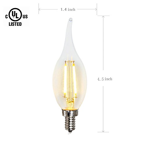 ZZ Lighting 2W LED Filament Flame Shape Bent Tip Candle Light Bulb 20W Incandescent Bulb Equivalent 2700K 160LM E12 Base(2W,6Pack)