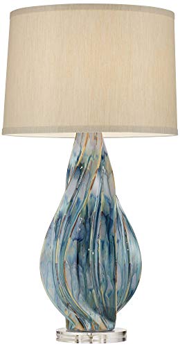 Teresa Modern Table Lamp Ceramic Hand Painted Teal Drip Beige Fabric Drum Shade for Living Room Family Bedroom Office…