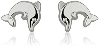 14K Solid White Gold Dolphin Girls Stud Earrings Safety Screw-back