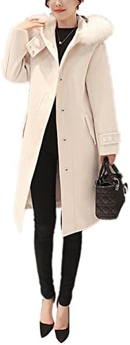 Women's Elegant Faux Fox Fur Hooded Dress-Coats Knee Length Long Pea Trench Woolen Coat