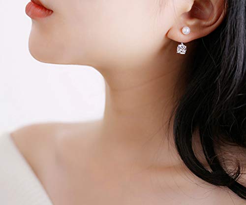 Tusuzik Pearl Stud Earrings 925 Sterling Silver Freshwater Cultured White Pearl Earrings with Cubic Zirconia for Women,Girls