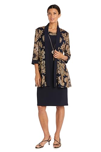 R&M Richards Women's 2-Piece Printed Brocade Sheer Jacket with Solid Sheath Dre…