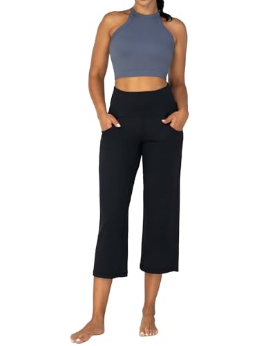 SUNZEL WIDE LEG CAPRI PANTS FOR WOMEN WITH POCKETS, HIGH WAISTED TUMMY CONTROL YOGA PANTS, FLARE LOUNGE CASUAL CROPPED PANTS 25″ BLACK X-LARGE