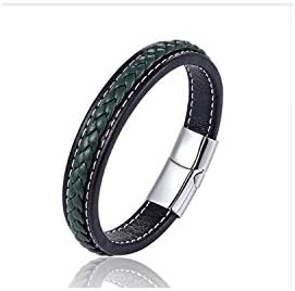 Bangle, Jewelry Gift,Fashion Female Jewelry Braided Leather Bracelet Handmade Bracelet Black Stainless Steel Magnetic Clasps Men Wrist Band Gifts Silver Green 17cm